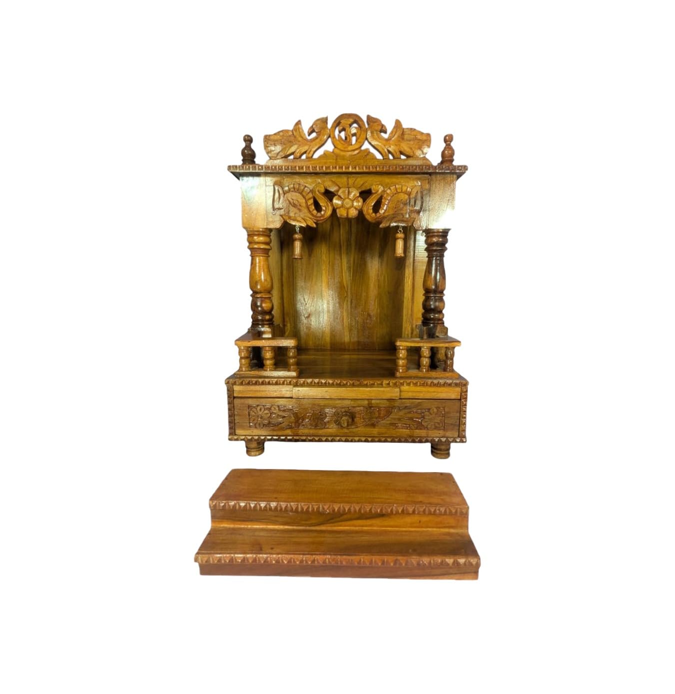 Handcrafted Sagwan Wood Pooja Mandir for Home | Tabletop Solid Wood Temple with Natural Polish | Free Wooden Removable Steps | Elegant Wooden Mandir Design (18x12x27 inches)