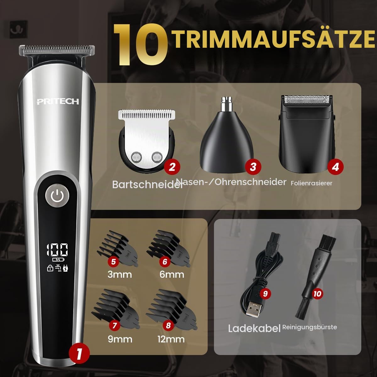 PRITECH Barttrimmer für Männer, 3 in 1 Haartrimmer Set, Nasen- und Ohrhaartrimmer, Mikro-Rasierer, Männer-Pflegeset kabellos mit LED-Display, IPX6 wasserdicht (Silber)