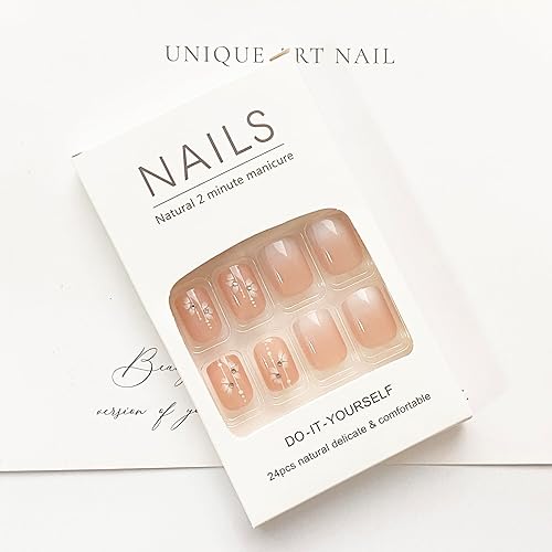 Miniatura 6 de 24 uñas cortas a presión, uñas postizas rosas, uñas acrílicas de forma cuadrada con diseños de flores, uñas postizas degradadas, uñas postizas de