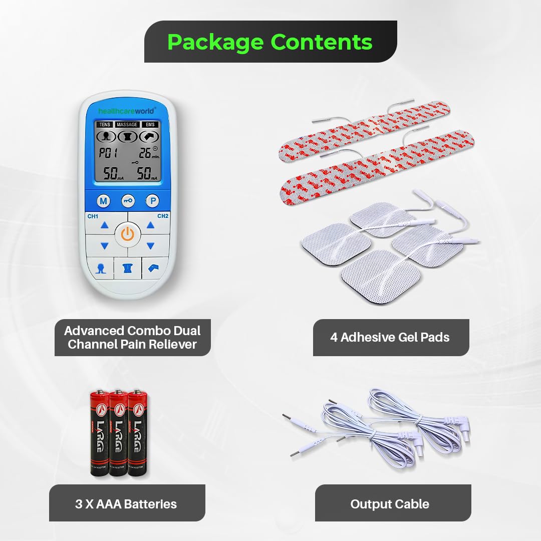 Healthcare World Digitales TENS EMS Gerät – Dual-Channel EMS/TENS für Schmerztherapie, Muskelstimulation, Massage, Physiotherapie & Rehabilitation – 4 Selbstklebende Elektroden, Tragbar