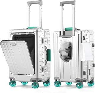 24 Inch Checked Luggage with Front Compartment, All Aluminum Zipperless Suitcase with Jelly Wheels & Cup Holder, Silver-Green Hard Shell Luggage for Travel