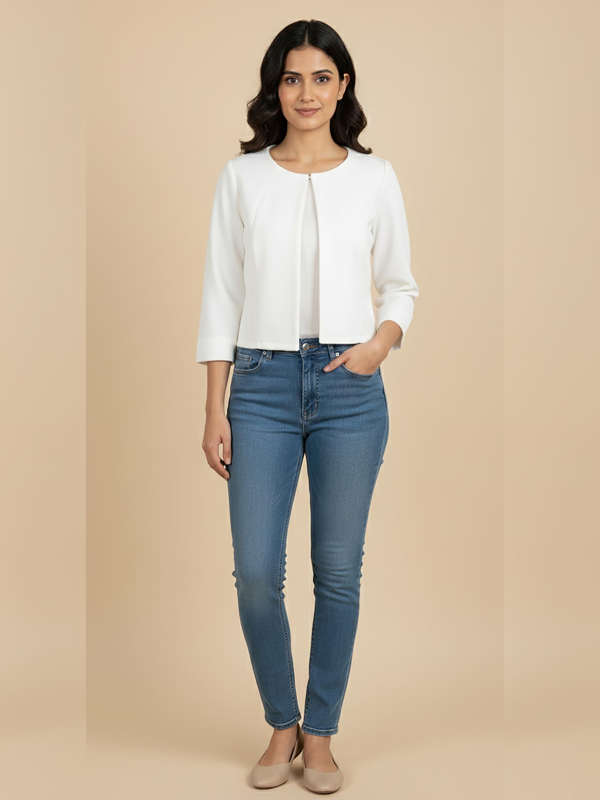 Glito Women's Imported Poly Solid Open-Front Blazer Shrug Jacket - White | Regular Fit | Round Neck | 3/4 Sleeves | Jacket for Women | Ideal for Elegant Workwear & Casual Shrug for Women - Image 6 thumbnail