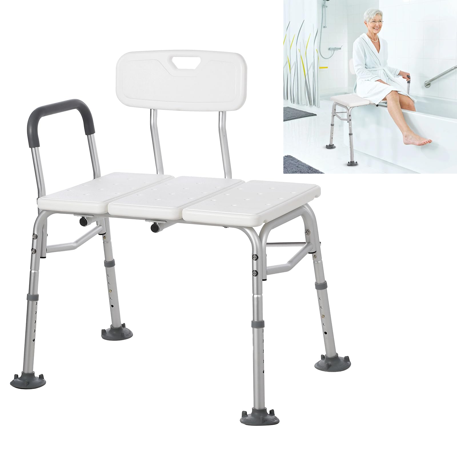 Long Sliding Tub Transfer Bench, Height Adjustable Shower Chair with Padded Backrest and Armrests,Lightweight Shower Bench for Elderly Disabled Handicap, 300LBS Capacity,White