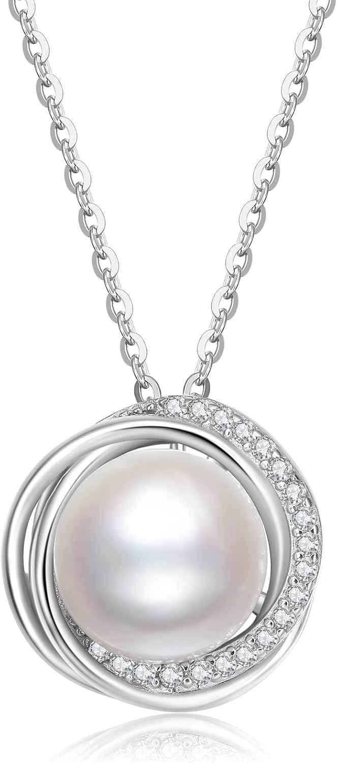 SUNFEEL Freshwater Pearl Necklace for Women Trendy, 925 Sterling Silver 8MM Real Pearl Necklace Pendant, Dainty Women's Jewelry Gifts for Mom Wife Girlfriend Anniversary Birthday Wedding Bridal