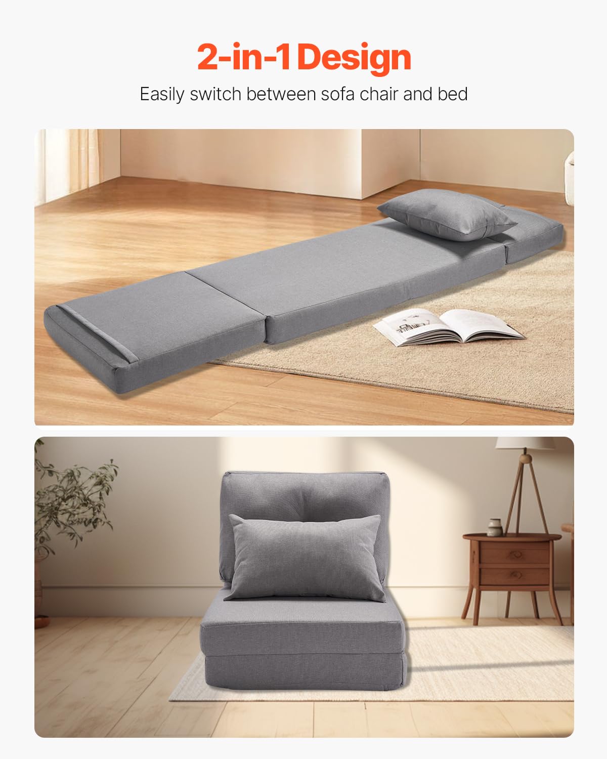 VEVOR Chaise de Sol Pliante, Fauteuil de Sol à 5 Positions réglables, canapé-lit rembourré Pliable avec Dossier réglable, Cadre en métal et Oreiller, Fauteuil Convertible pour Salon, Chambre, Gris