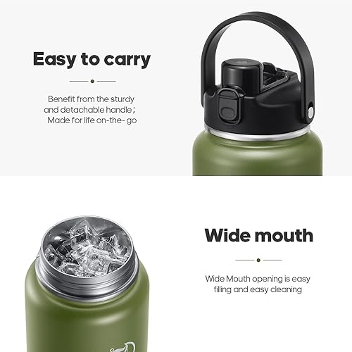 Miniatura 6 de Botella de agua aislada de medio galón con tapa 2 en 1 (tapa para beber  tapa con pajilla), botellas de agua de acero inoxidable de doble pared de