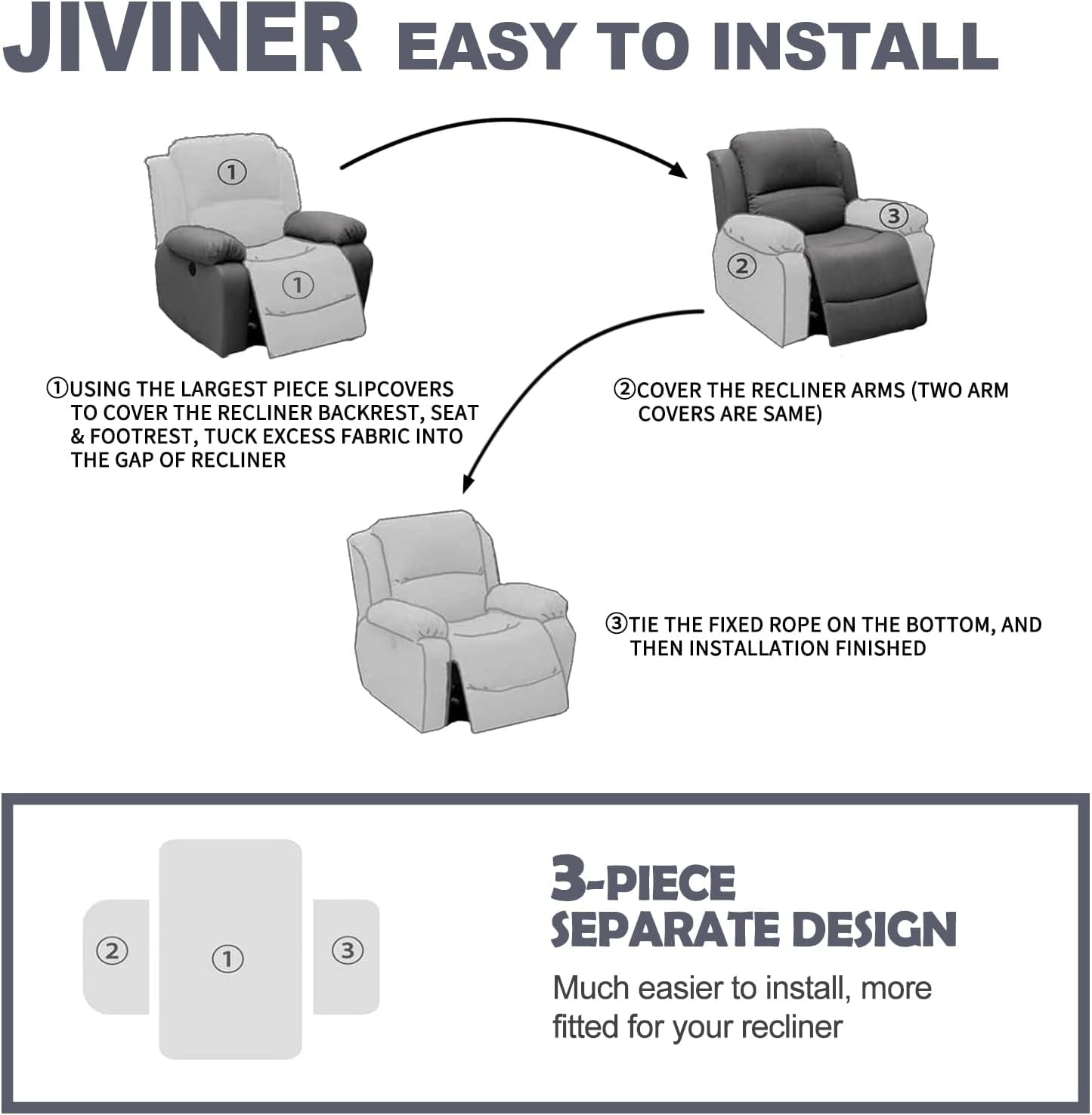 JIVINER Small Recliner Chair Covers, 3 Piece Slipcovers for Large Recliner Chair Soft Jacquard Reclining Chair Protector Slipcovers for Dogs,Cats (Recliner Small, Dark Gray)