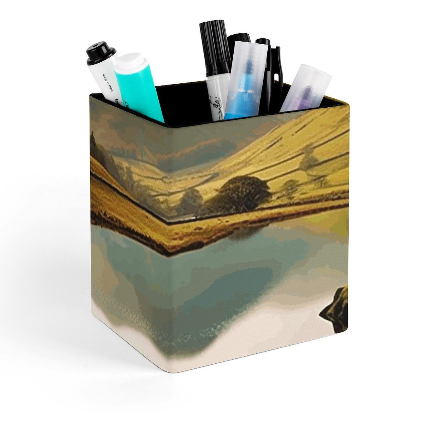 DWVTSLH Aesthetic Pen Holder for Desk - Modern Leather Pencil Holder - Stylish Square Makeup Brush Holder - Lake District National Park Pen Cup Cute And Functional Desk Organizer for Office Supplies