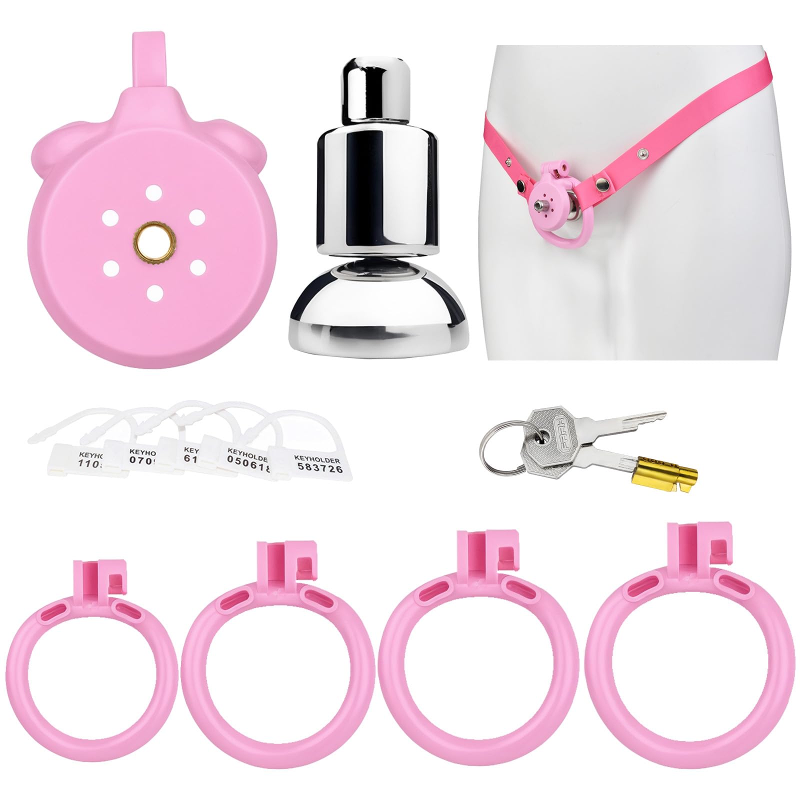 Cage de chasteté plate pour hommes avec anneau pénien, support urinaire et ceinture élastique en résine 3D - Attaches de bondage SM (Rose+Ceinture)