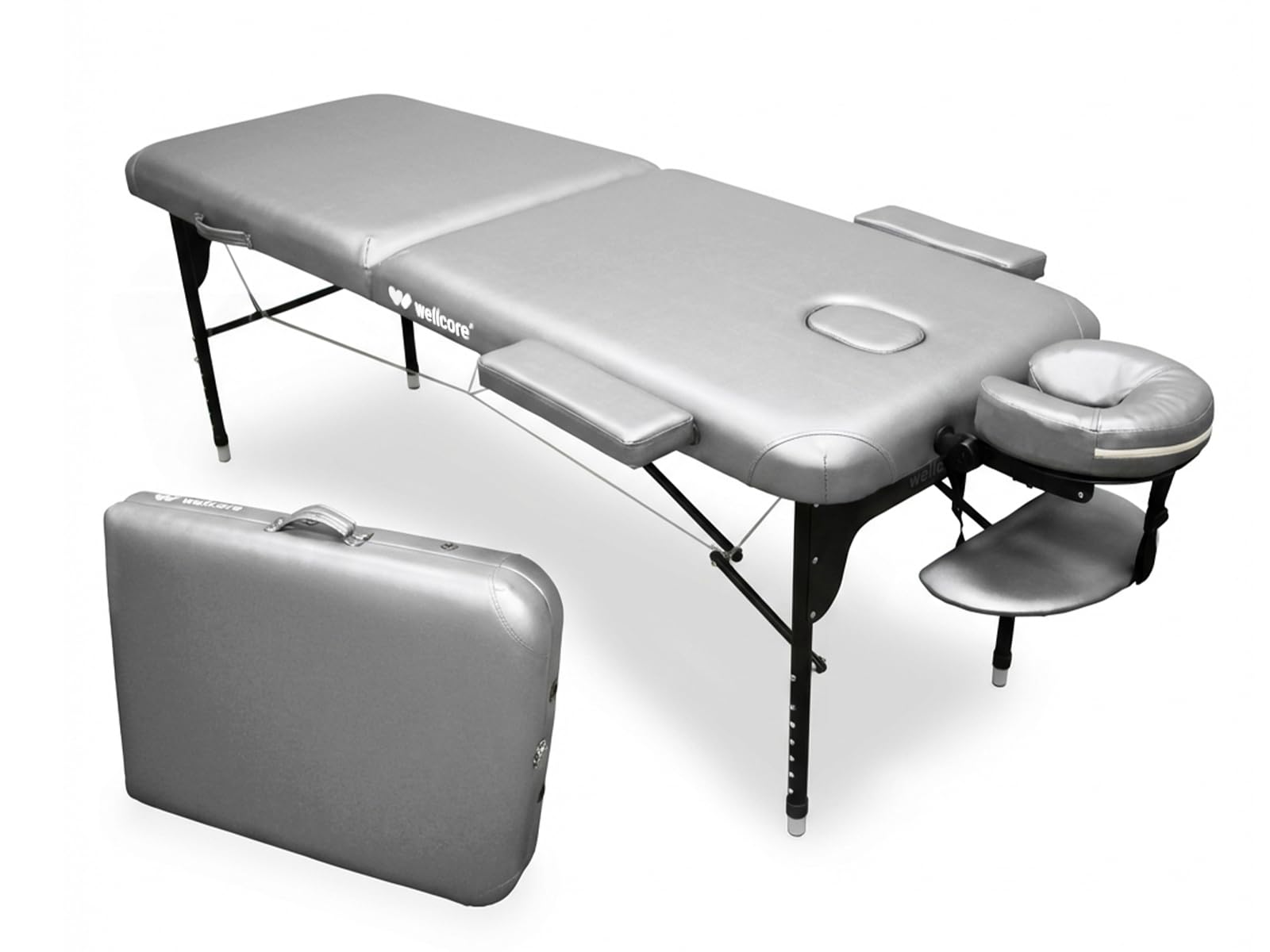QUIRUMED Camilla Plegable de Aluminio WELLCORE, 185 x 65 cm, Polipiel, Altura Regulable, Cabezal articulado, Agujero Facial, Brazos Laterales, Color Plata, Mochila de Transporte, hasta 225 kg