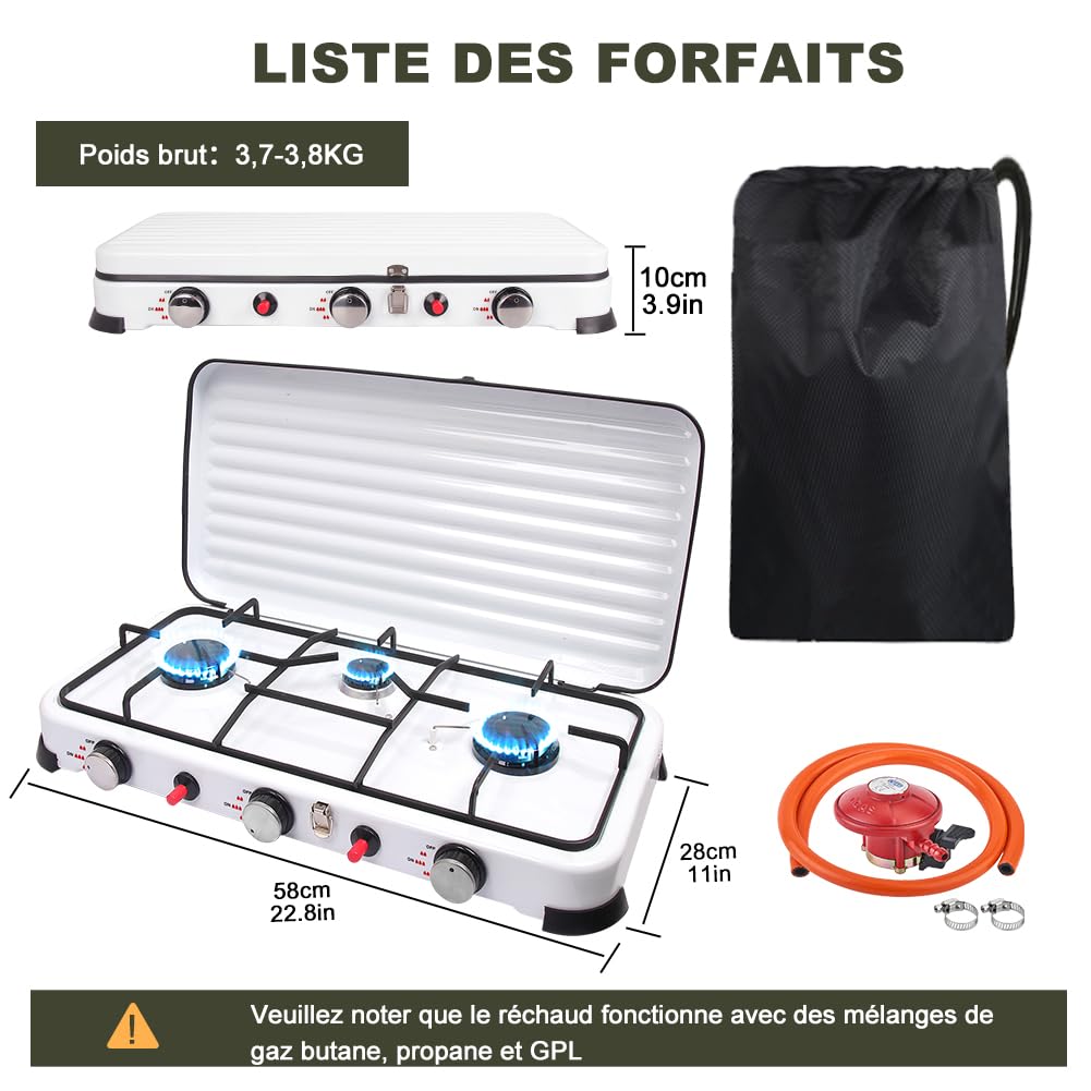 Réchaud de Camping 3 Feux 5.4kW Auto Allumage Piézo avec Tuyaux 150 cm et Régulateur 37 mbar Blanc
