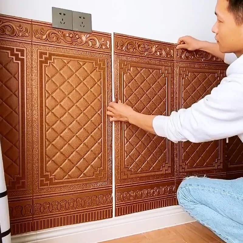 Pared 3d,Ladrillo 3d Adhesivo Pared 10 Uds., 70x90cm, revestimiento de madera autoadhesivo impermeable, pegatina protección pared, fondo sala estar(EDG-3)
