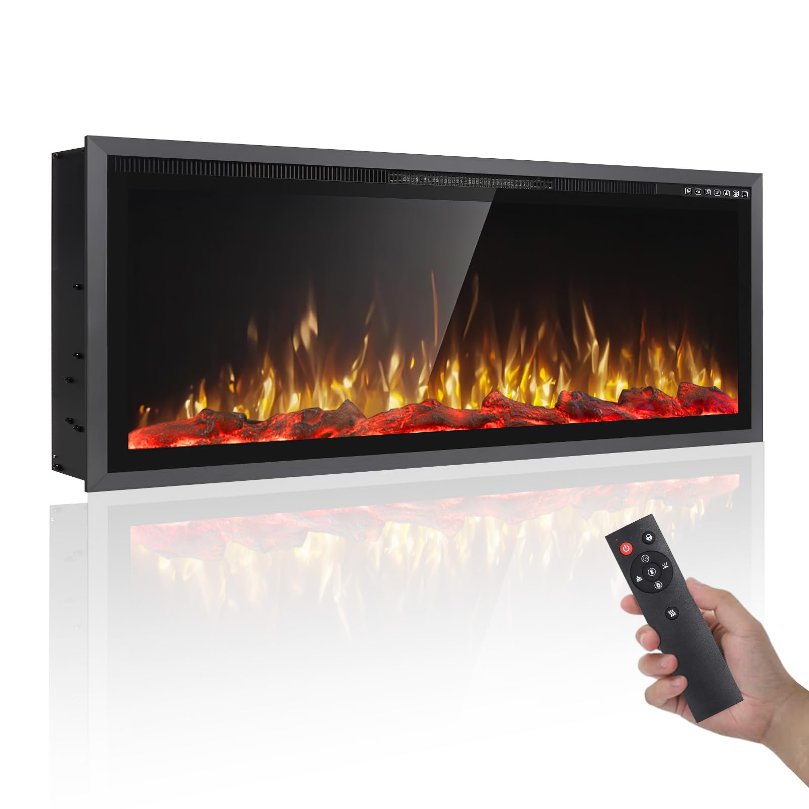 PRETZI 42 inch Electric Fireplace Ultra Narrow Frame & Wide Screen, Electric Fireplace Insert/Wall Mounted with Heater, Adjustable Flame Color and Brightness, Remote Control/Timer, 750/1500w