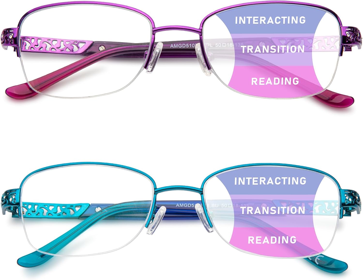 Progressive Multifocal Reading Glasses Women No Line Bifocal Readers with Nose Pad Metal Half Frame Mid-Near Range