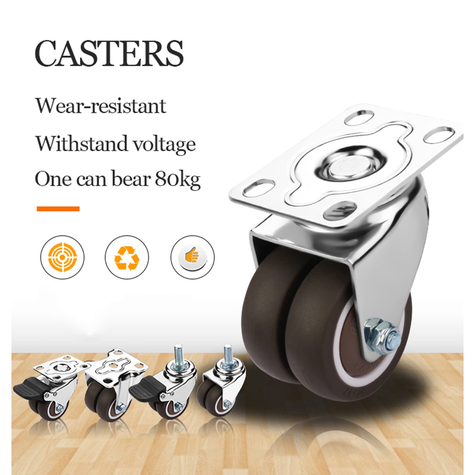 4X Rotelle Doppie, Ruote Pivotanti con Freno, Rotelle per Carrello Mobili Pesanti, Rotelle Girevoli Resistenti all'Usura, Ruote Universali, Portata 200 kg,4brakes-50mm/2in