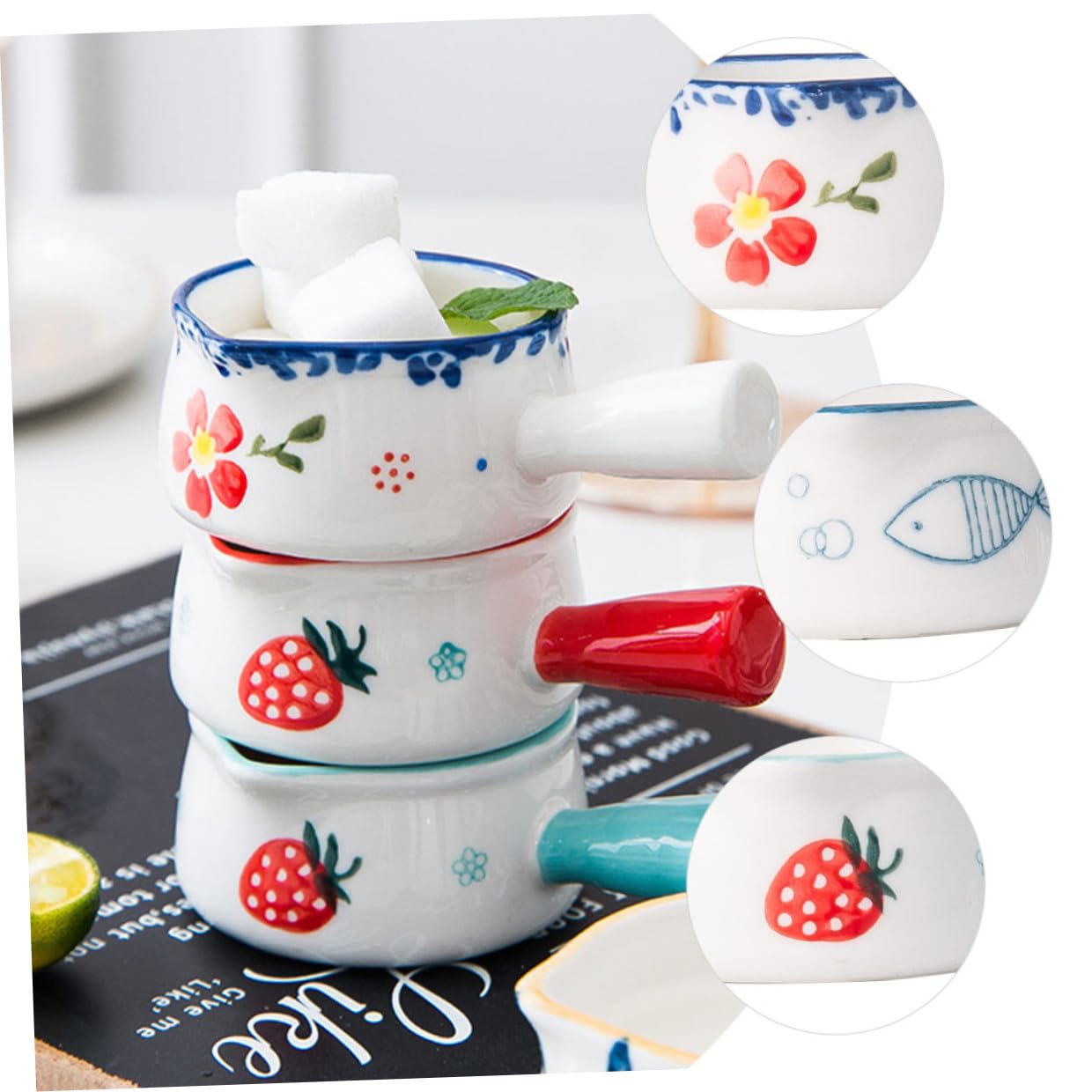 6 Stück Kleiner Keramikkännchen mit Griff 50ml für Milch und Soße