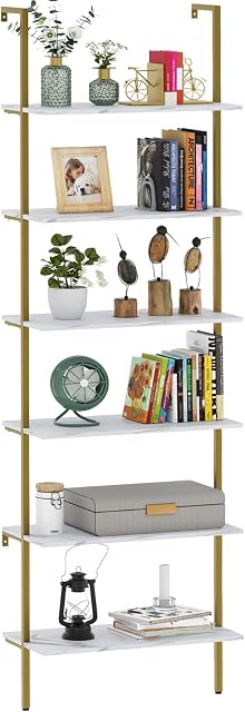 Wolawu Ladder Shelf 6 Tiers Marble White Modern Bookshelf Open Tall Wall Mount Bookcase Standing Leaning Wall Shelves Industrial Decorative Living Room Bed Room