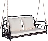 Tangkula 2-Person Wicker Porch Swing with Cushions, 880 lbs Heavy-Duty Hanging Outdoor Loveseat for Porch Backyard (Off White)
