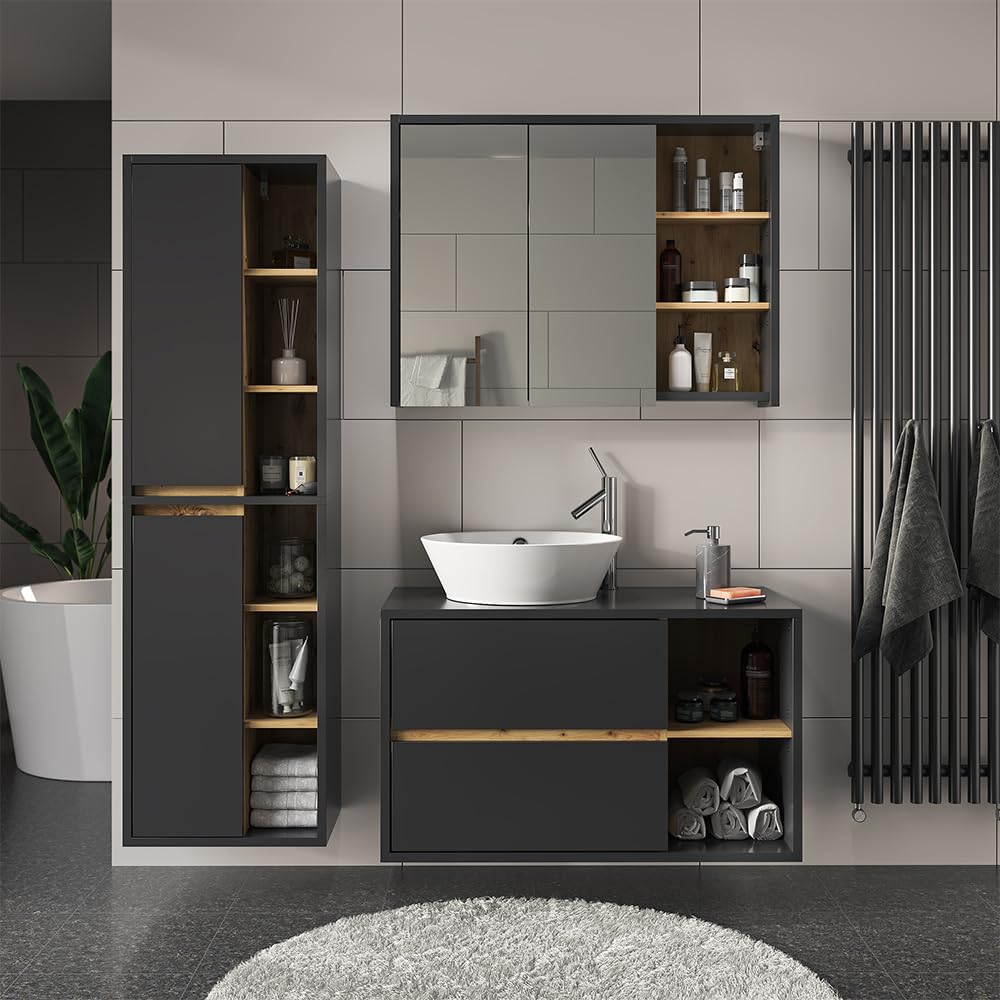 Vicco Mobile sottolavabo per bagno Viola, Antracite, 100 x 60 cm, con intaglio per sifone e ripiani aperti per montaggio a parete