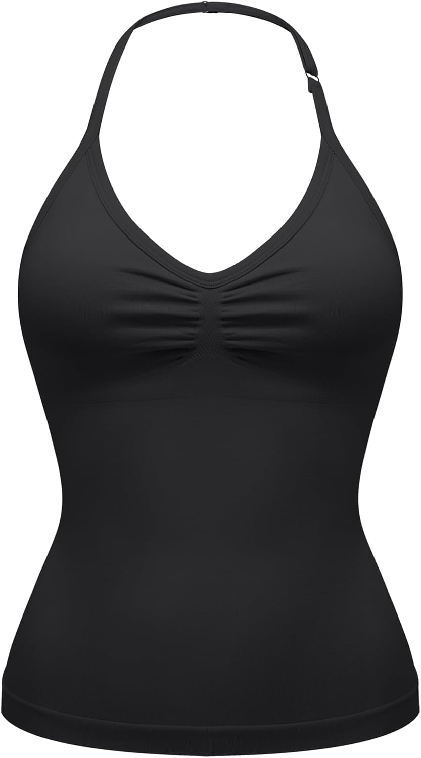 OLCHEE Womens Halter Tank Tops V Neck Impact Backless Longline Strappy Adjustable Gym Workout Top Padded