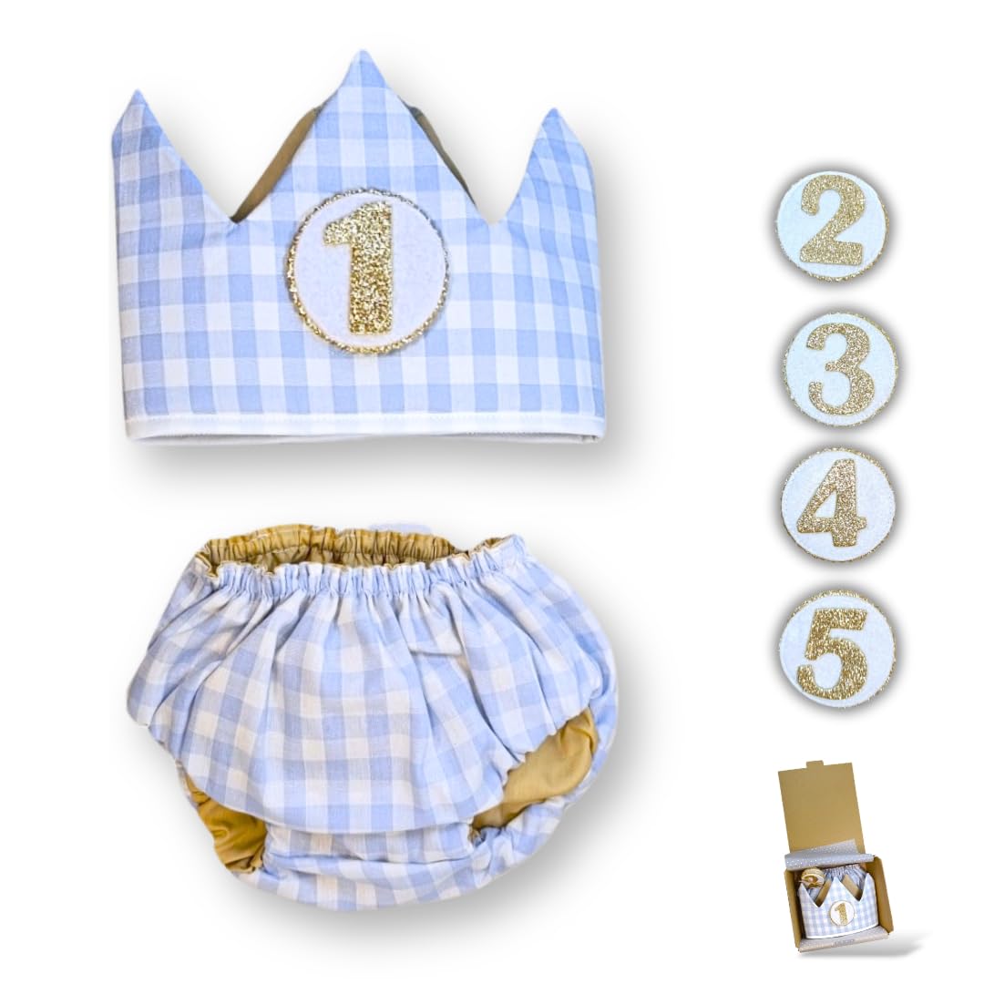 Corona Cumpleaños 1 año - Conjunto Smash Cake - Regalo Bebé - Ideas Regalo Original 1 año - Vichy 100% Algodón - Hecha en España
