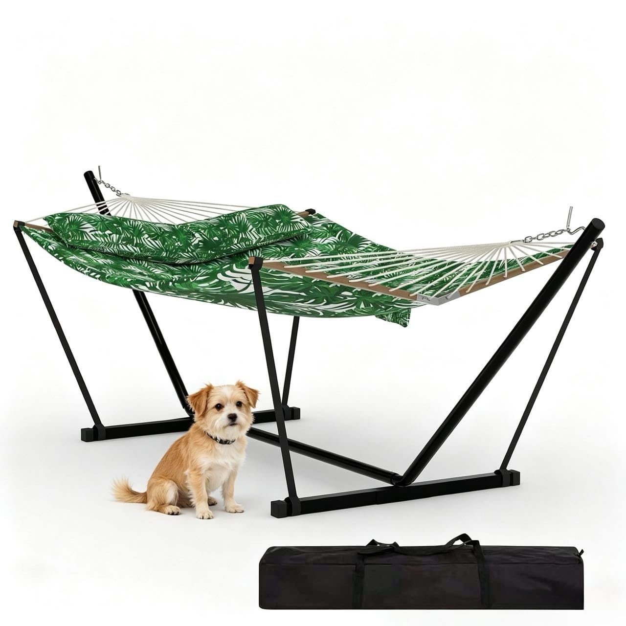 450Lbs Hammock with Stand, Garden Double Hammocks with Stable Metal Stand, Detachable Pillow, v Shaped Hardwood Spreader Bar for Indoor, Outdoor, Backyard, Beach, Green Banana Leaf