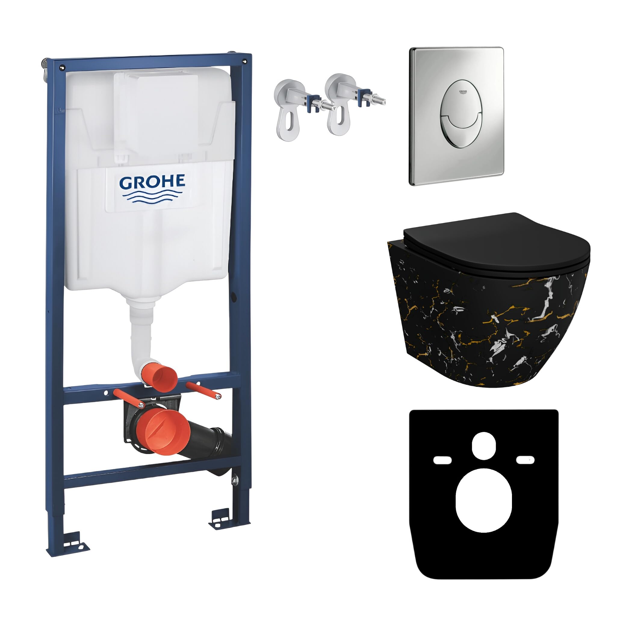 Lavita Vorwandelement Solido Start + Wand Hänge WC Sofi Slim Fire Schwarz Spülrandlos + WC Sitz mit Absenkautomatik Verchromter Knopf Komplettset Unterputz Spülkasten Toilette Komplett Sett WC