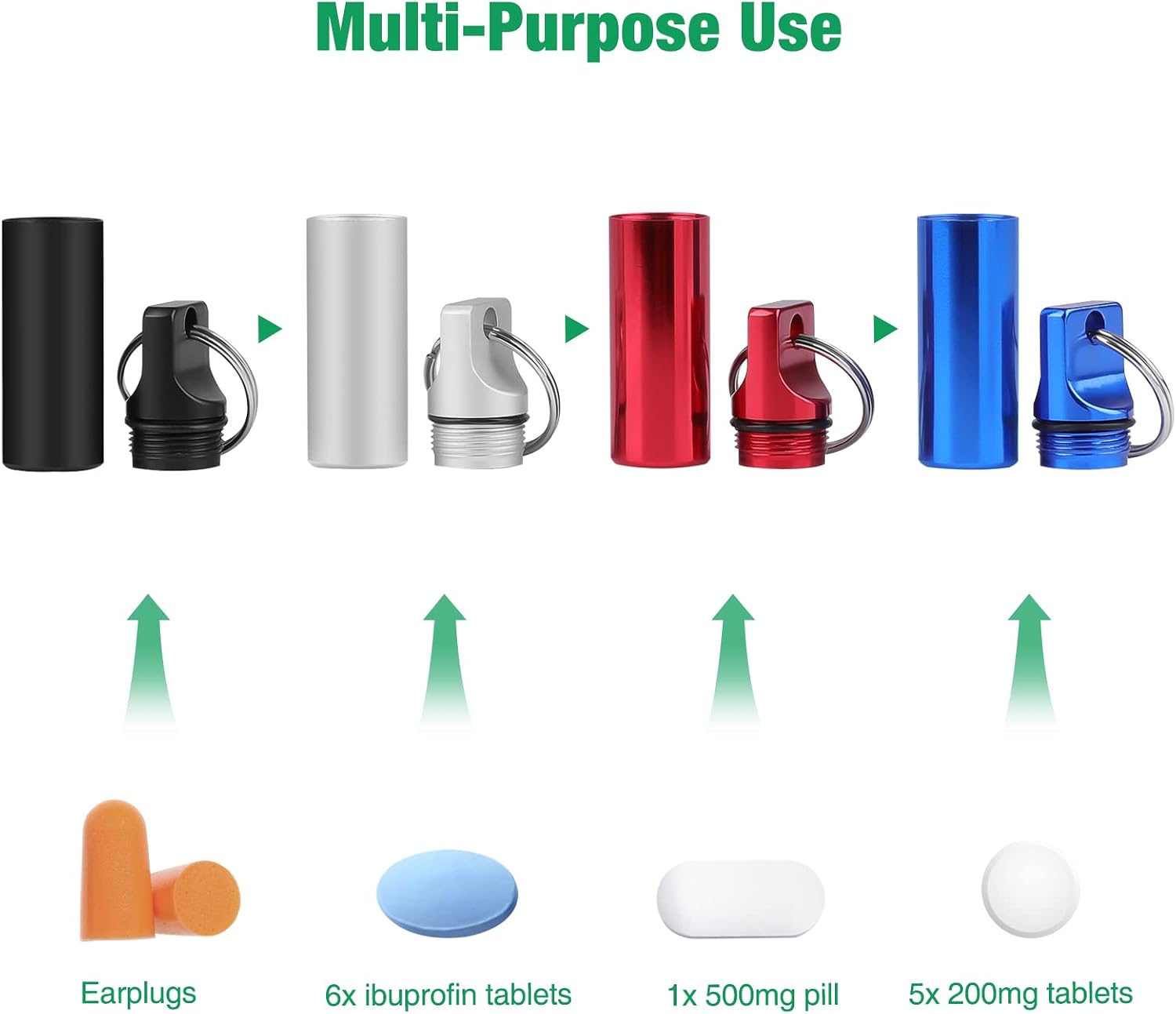 Small Pill Holders Keychain (4 Pack), Opret Portable Metal Pill Organizer Case Waterproof for Pokcet Purse Travel Outdoor Camping for Men and Women (Black Silver Red Blue)