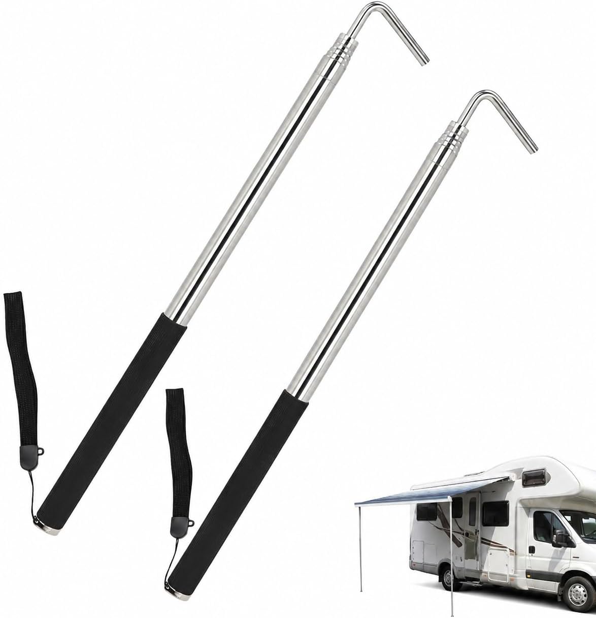 Manual RV Awning Rod Opener Easy Reach Telescopic Puller 13-3/4" to 44-3/4" Stainless Steel Silver & Black - 1pack