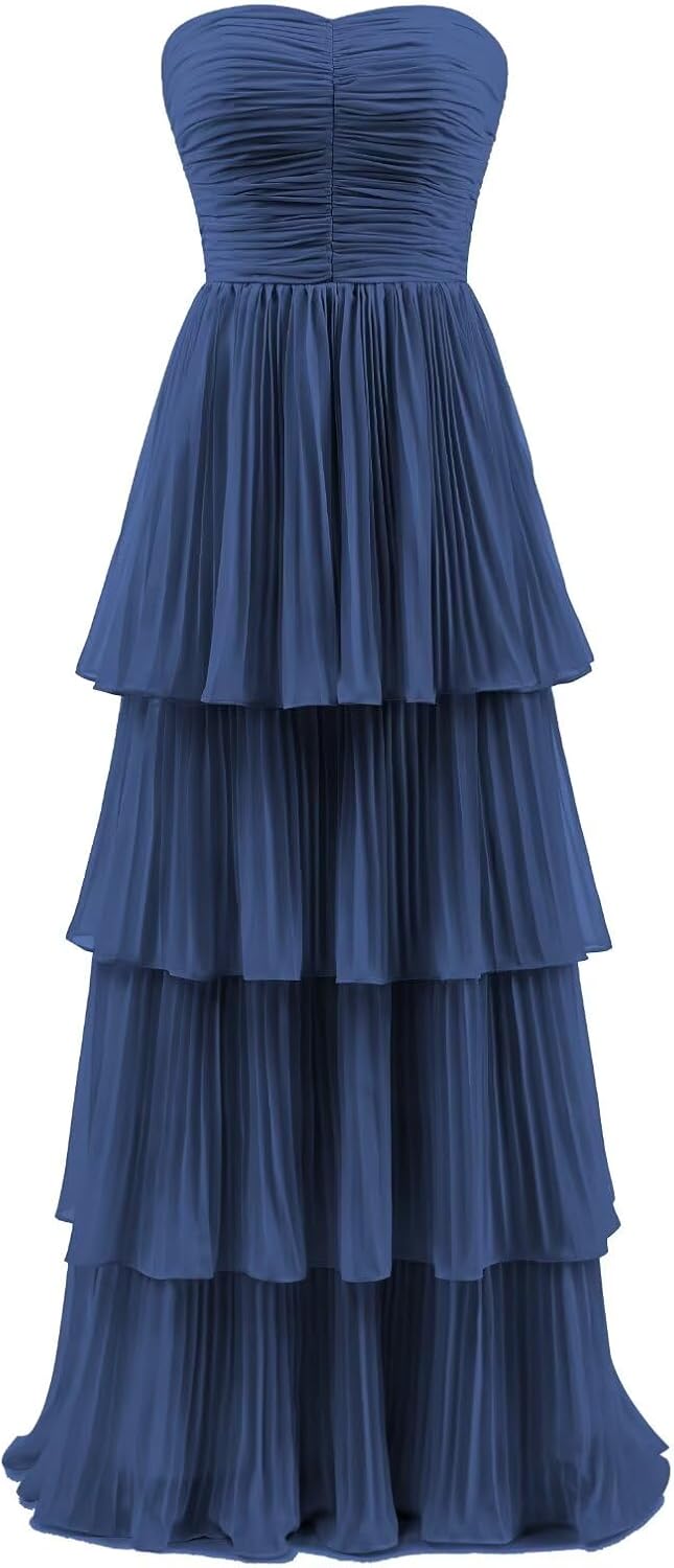 Bridesmaid Dresses Ruffle Strapless Wedding Guest Dress Tiered Chiffon Prom Maxi Formal Evening Gowns