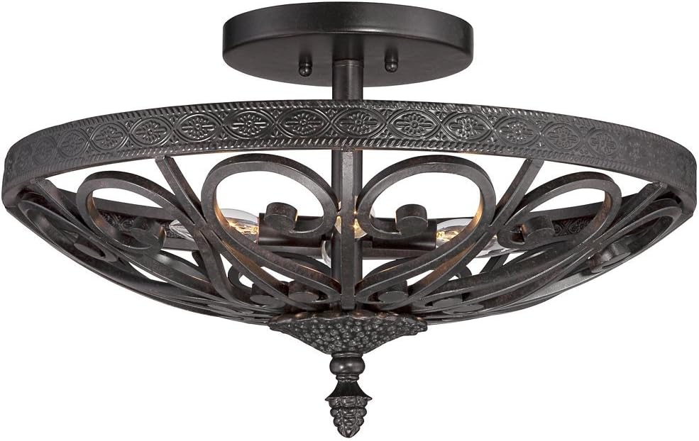 kathy ireland La Romantica Vintage Ceiling Light Semi Flush-Mount Fixture 24" Wide Black Iron Scrolls Frame Open Top Bowl Shade for Bedroom Kitchen Living Room Hallway Bathroom House Home