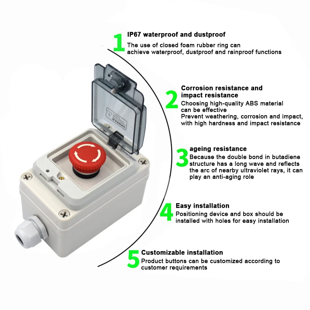 Interrupteur d'arrêt d'urgence avec boîtier IP66, bouton d'arrêt d'urgence autobloquant avec boîtier en plastique boîtier de bouton d'arrêt d'urgence bouton d'arrêt d'urgence interrupteur bouton pouss