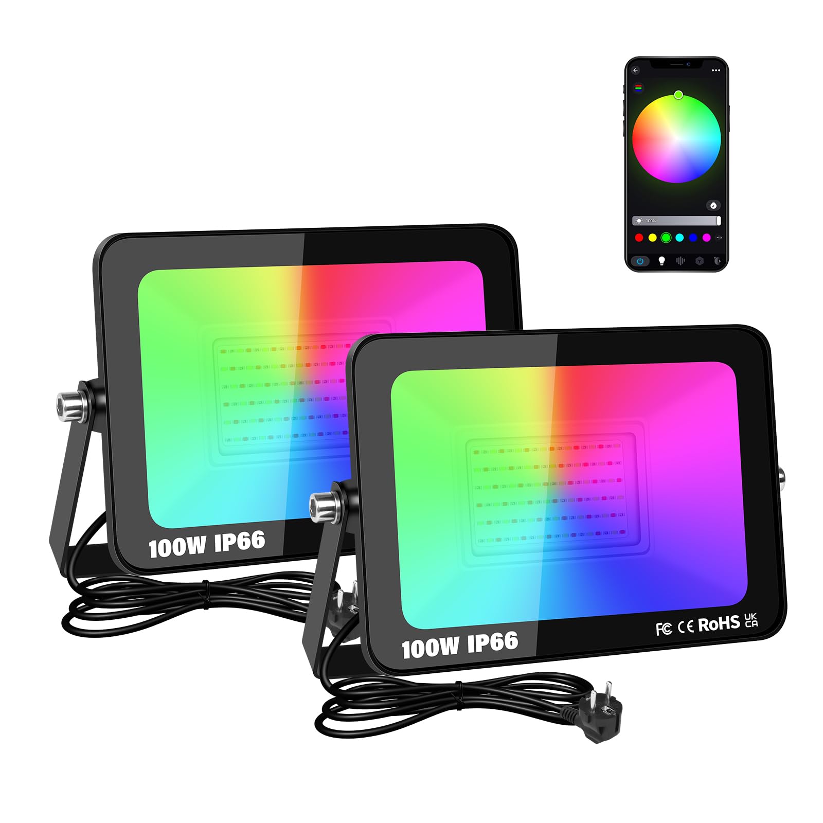 2X 100W Smart RGB LED Schijnwerper Buiten - APP Bediening Met Kleurverandering