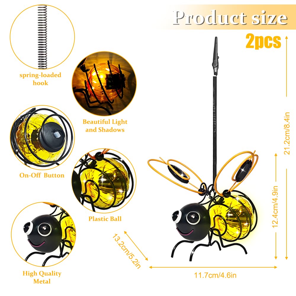 2 Pièces Lampe Abeilles Solaire,Lampes Solaires à Suspendre en Forme d'Abeille pour Jardin,Lumière Solaire D'abeille avec Clipser et Ressorts,Étanche,Suspendu,Jardin,Cour,Terrasse - 2