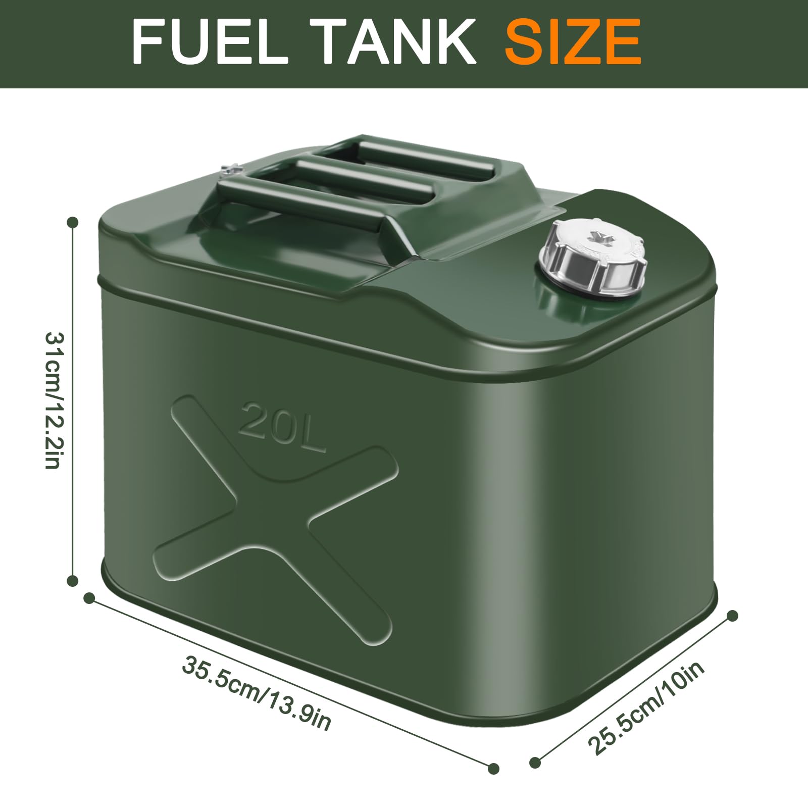 Bidón de combustible de 20 litros, color verde, lata de gasolina de metal con tubo de tanque de combustible portátil, para diésel, gasolina, aceite