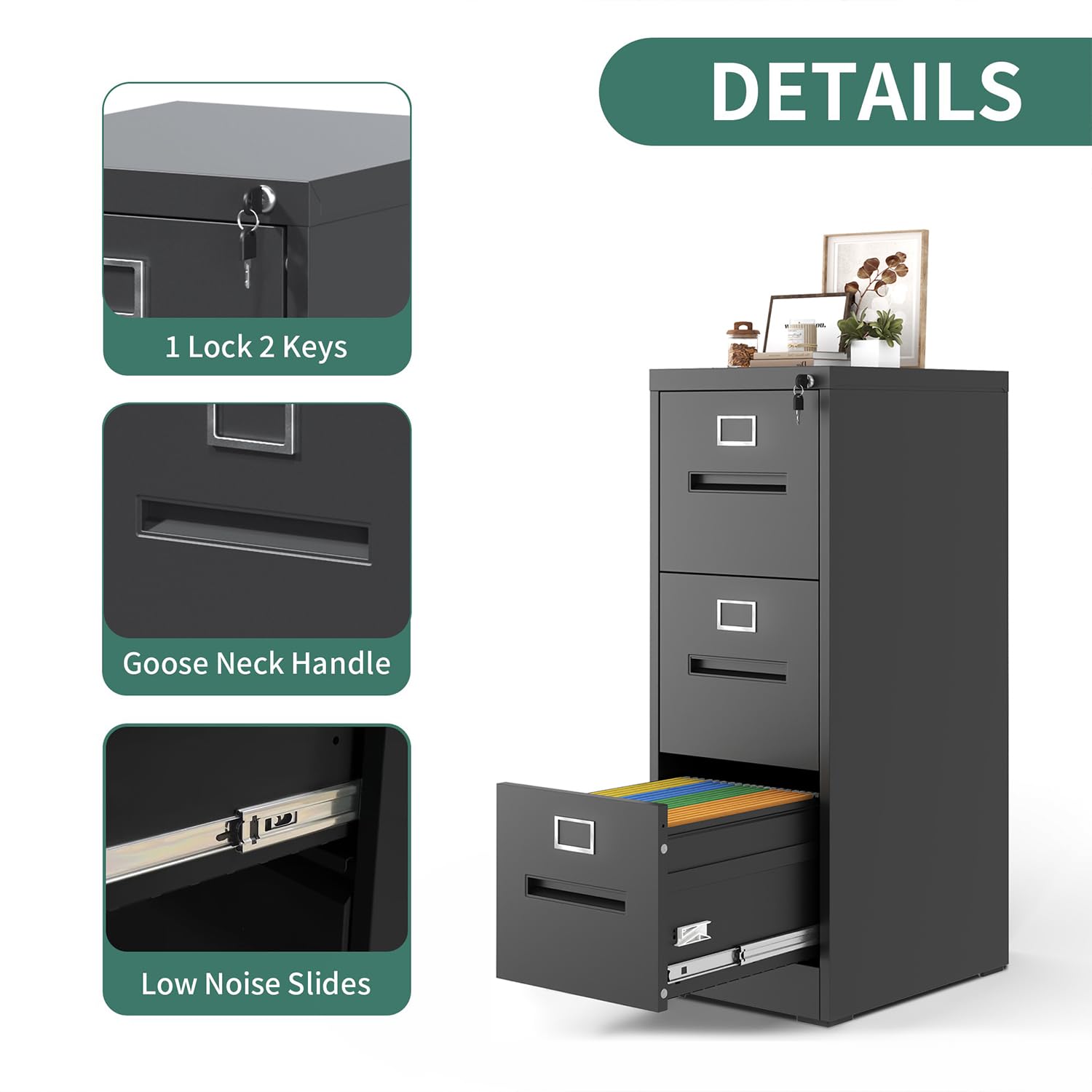 3 Drawer Vertical File Cabinet for Home Office, Metal Filing Cabinet with Lock for Legal/Letter Size Hanging File Folders, Anti-Tipping, Assembly Required (Black)