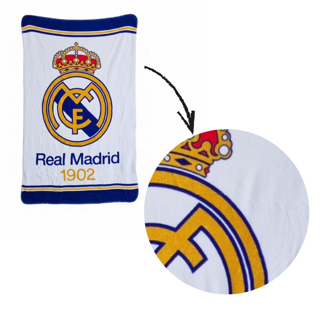 ARDITEX, Coperta in Pile Real Madrid, Coperta in Pile Coralina per divano, Ideale come regalo, Morbidissima e molto calda, Poliestere 200 gsm, 150 x 95 cm (Bianco)