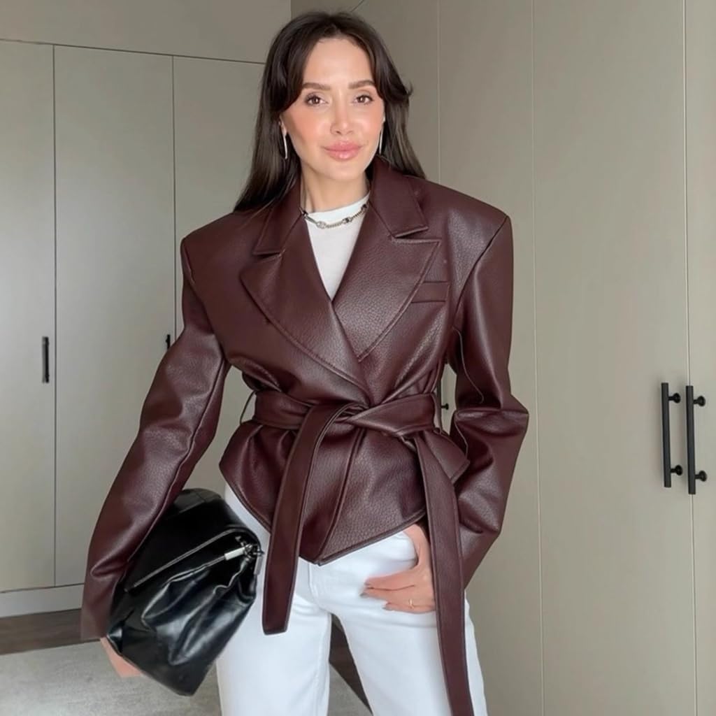 Leather Jacket Women Vintage Style Motorcycle Bomber Blazers Long Sleeve Waist Belt Faux Leather Biker Jacket Women - Image 6