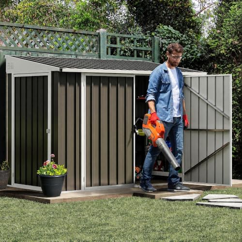 Image of DWVO 7x4ft Outdoor Storage Shed with 3 Lockable Doors | Weatherproof Metal Bike Shed, Garden Storage Solution for Lawn Equipment, Tools, Waste Bin, Dark Gray