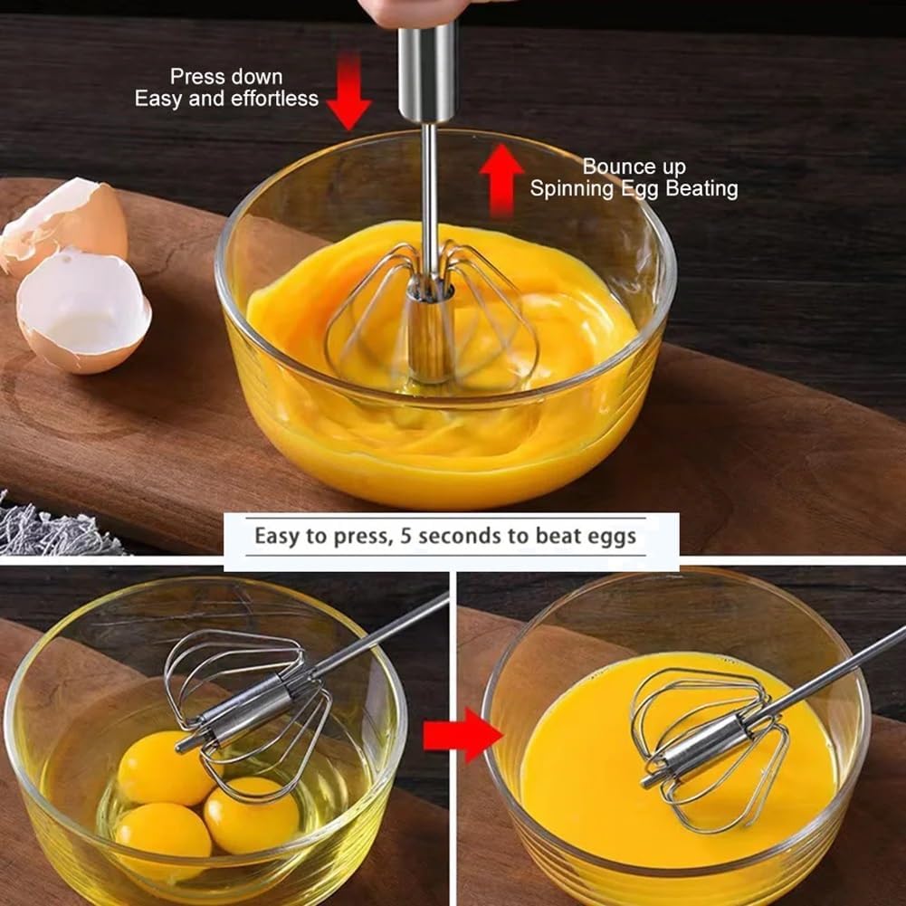 Stainless Steel Semi-Automatic Whisk Hand Push Rotary Whisk Blender with Wood Handle Egg Beater Hand Push Mixer Stirrer Egg Scrambler for Blending, Whisking, Frothing, Beating & Stirring (10in)