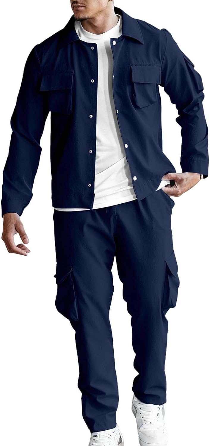 Men's Cargo Tracksuit 2 Piece Long Sleeve Button Down Jacket Trousers with Multi Pockets Trendy Outfits Outdoor Sets