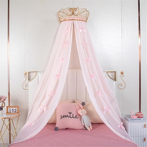 Lotus Karen - Toldo de princesa para cama de niñas, cortina de cama de gasa con decoración de corona metálica, lazos rosas bonitos para ropa de cama