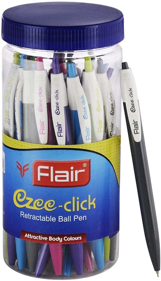 FLAIR Ezee Click 0.7 to 1 mm Ball Pen Jar Pack | Retractable Mechanism With Comfortable Grip For Smooth Writing | Different Playful Body Colors | Blue Ink, Pack of 25 Pens