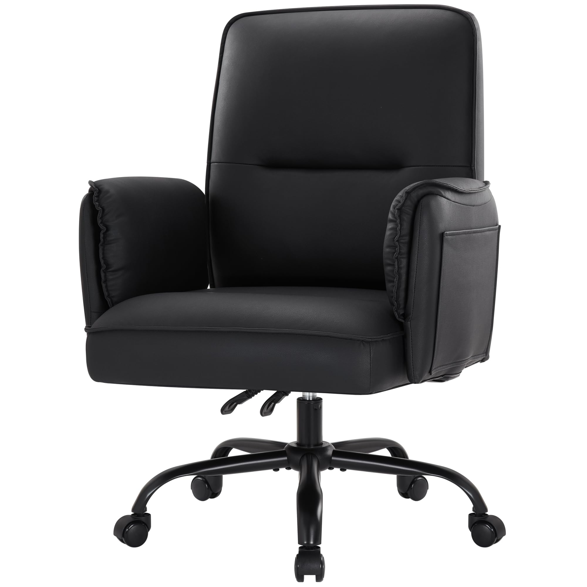 IWMH Home Office Chair, Heavy Duty PU Leather Ergonomic Executive Desk Chair with Wheels and Armrests, Big and Tall Adjustable Height Swivel Computer Chairs for Bedroom, Black