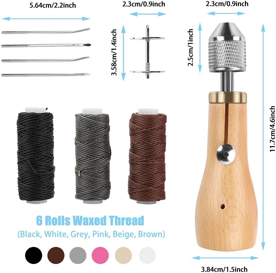 WIOR Sewing Awl Kit, 12Pcs Leather Stitching Awl Crafting Tools and Supplies Hand Stitcher Set with Needles (2 Straight and 2 Bent) Waxed Threads, Repair Stitch Tool Awls for DIY Leather Craft