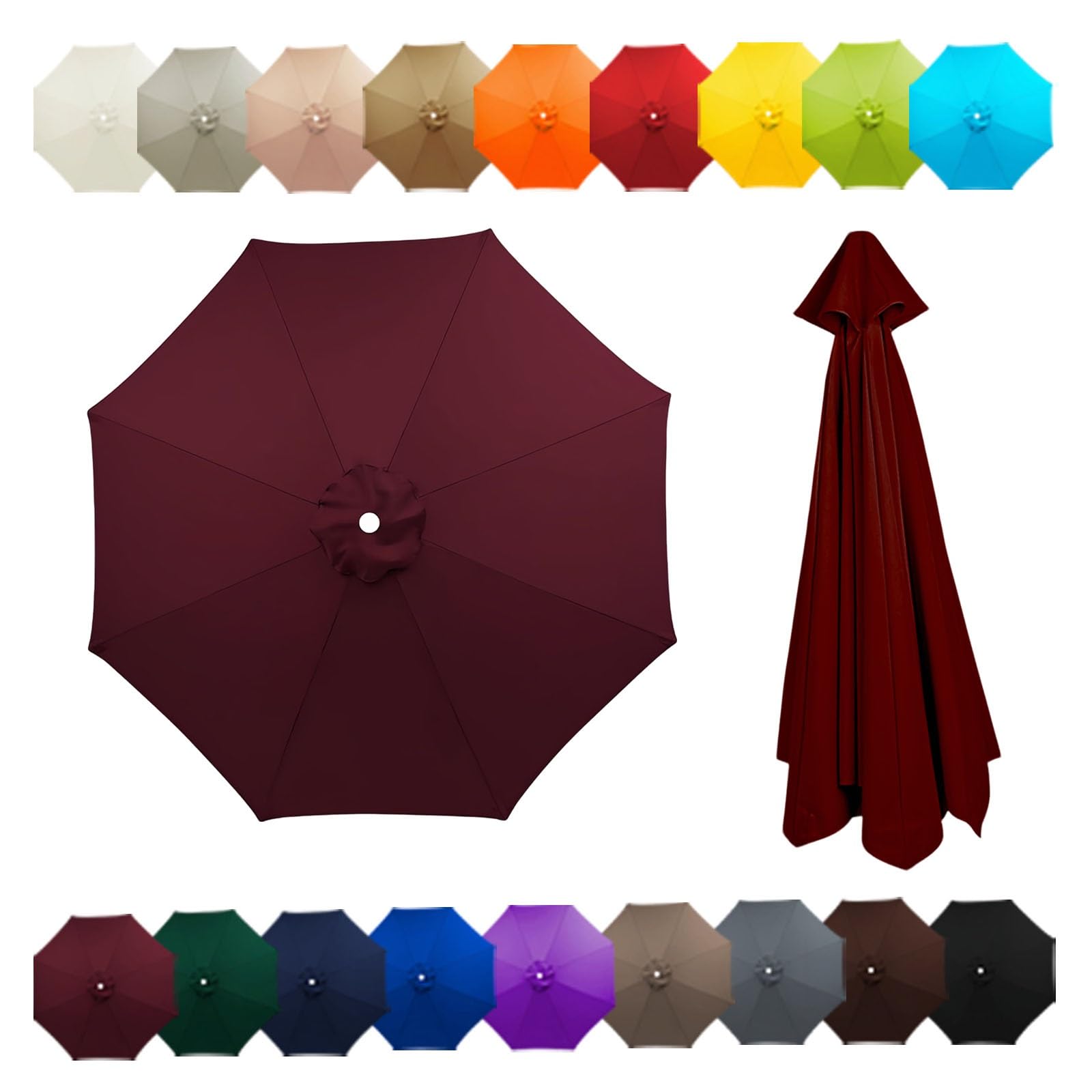 Outdoor Patio Umbrella Replacement Canopy For 6 Ribs/8 Ribs, Replacement Parasol Cover, Table Market Yard Umbrella Top, Sun Shade Accessory(Burgundy,10FT/3.0M-8Ribs)