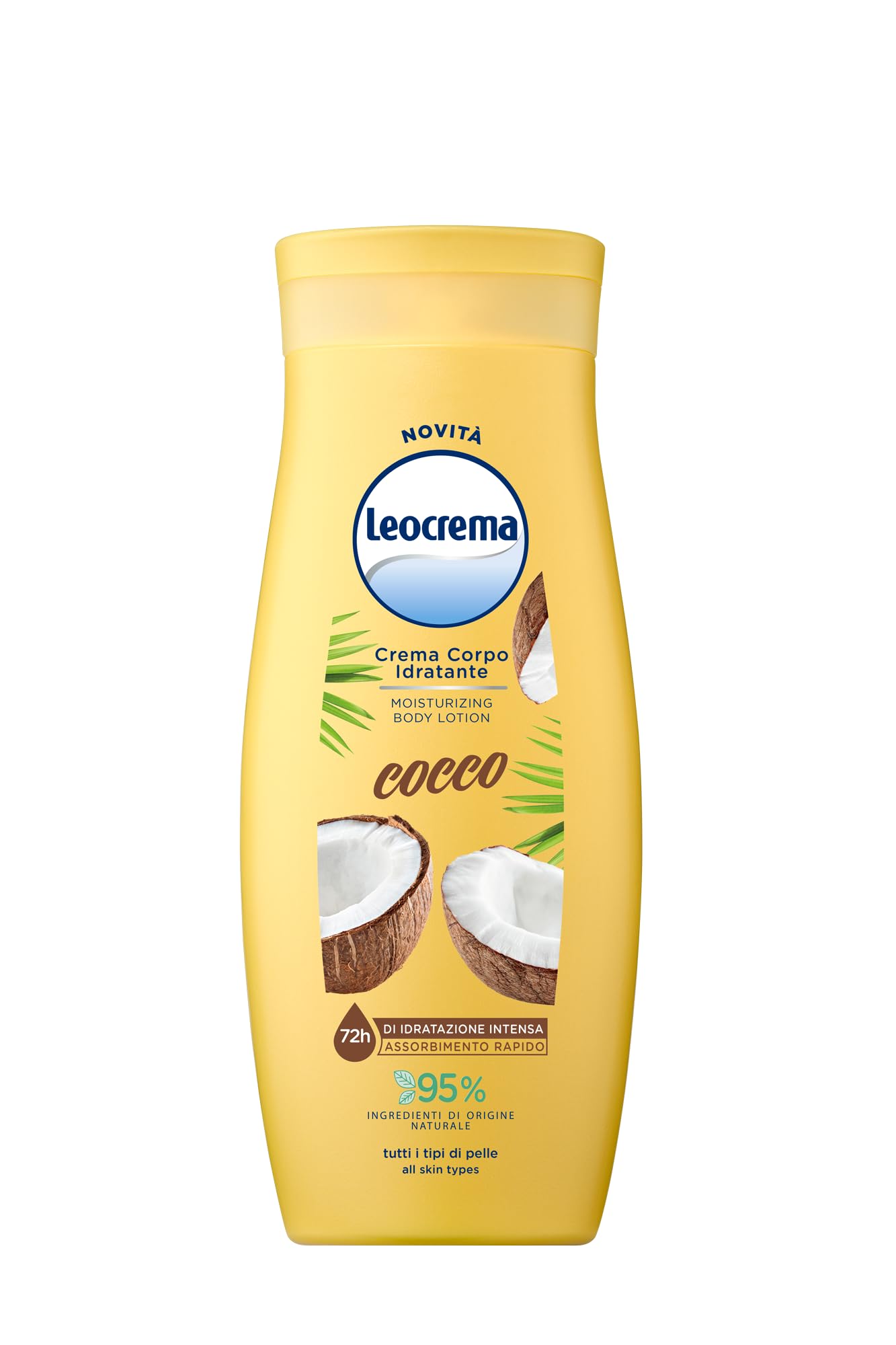Leocrema, Crema Corpo Idratante al Cocco, Texture Leggera e Fluida per Tutti i Tipi di Pelle, 72H di Idratazione, 95% Ingredienti di Origine Naturale, 250ml
