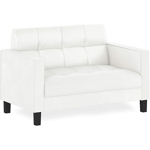 Furinno Brive Contemporary Tufted Faux Leather Loveseat/Sofa Couch for Living Room, White Faux Leather