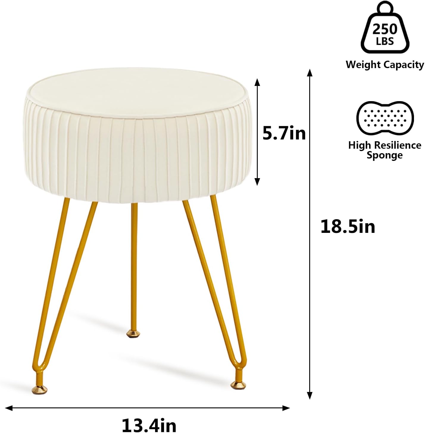 Velvet Vanity Stool, Modern Ottoman Foot Rest Stool with Adjustable Golden Legs, Makeup Chair for Vanity, Multifunctional Small Vanity Chair for Bedroom, Beige - Image 3