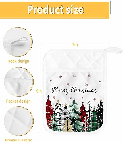Miniatura 11 de Christmas 5Pcs Pot Holders for Kitchen, Non Slip & Heat Insulation Terry Cloth Potholder Set with Pocket, Thick Hot Pad Oven Mitts Trivet Coaster